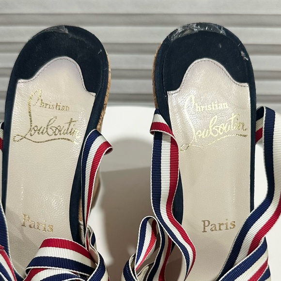 🌺CHRISTIAN LOUBOUTIN 🌺 Red White Blue Cork Wedges Size: 37.5 - Picture 8 of 11